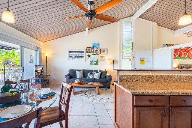 kitchen with wooden ceiling, lofted ceiling, decorative light fixtures, and light tile patterned floors