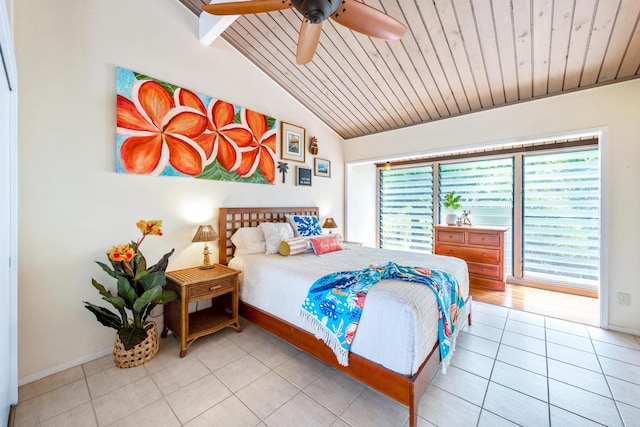 tiled bedroom with wood ceiling, ceiling fan, and vaulted ceiling