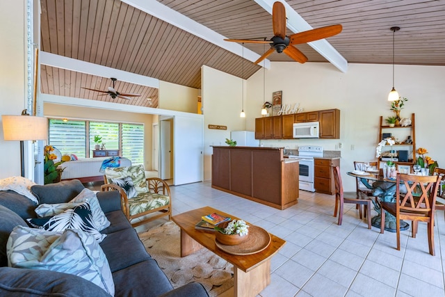 tiled living room featuring wood ceiling, beam ceiling, high vaulted ceiling, and ceiling fan