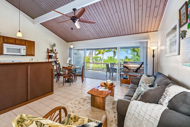 tiled living room with ceiling fan, wood ceiling, high vaulted ceiling, and beamed ceiling