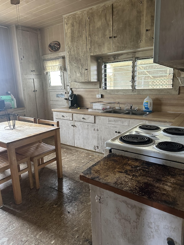 kitchen with sink, backsplash, wooden walls, white range with electric stovetop, and wooden ceiling