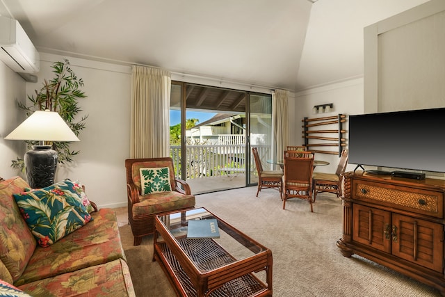 living room with lofted ceiling, carpet floors, and a wall unit AC