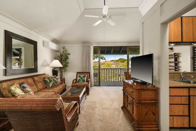 living room featuring lofted ceiling, sink, a wall mounted air conditioner, light carpet, and ceiling fan