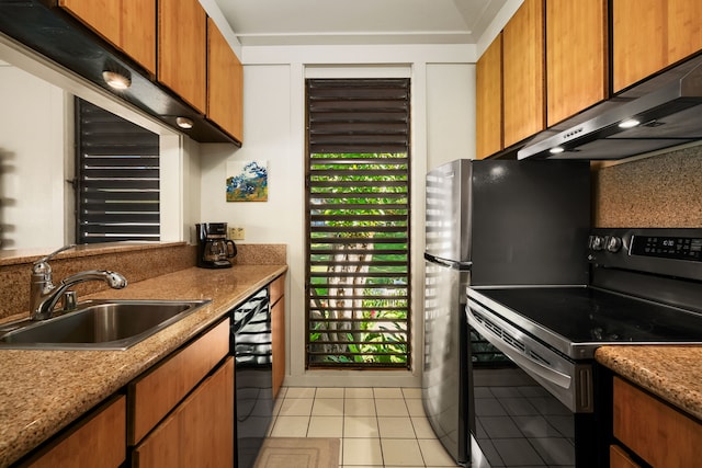 kitchen with light tile patterned flooring, sink, stainless steel electric range oven, dishwasher, and stone counters