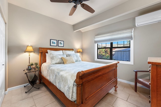 tiled bedroom with ceiling fan and a wall mounted air conditioner