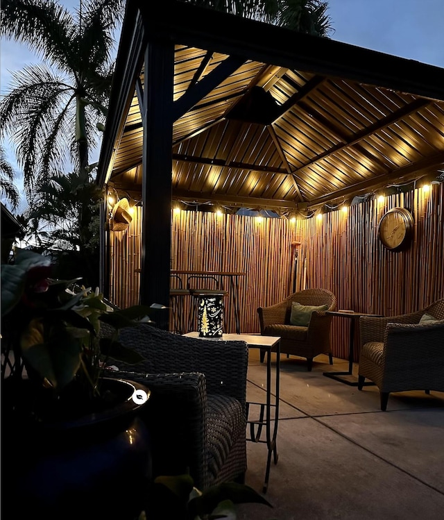 patio terrace at dusk with a gazebo