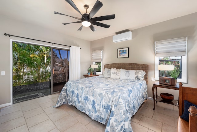 bedroom with access to exterior, light tile patterned floors, a wall mounted AC, and ceiling fan