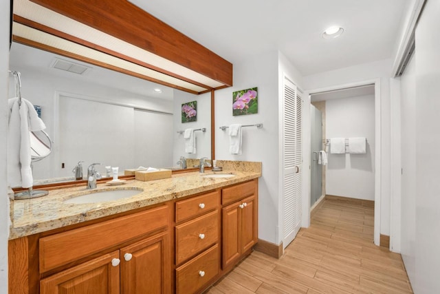 bathroom featuring double vanity, wood finished floors, a closet, and a sink