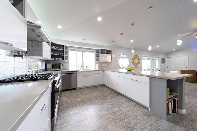 kitchen with lofted ceiling, appliances with stainless steel finishes, open shelves, and a sink