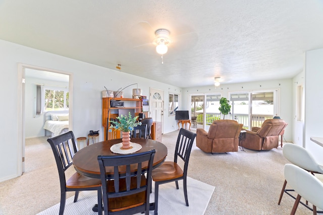 dining area with a textured ceiling, plenty of natural light, and light carpet