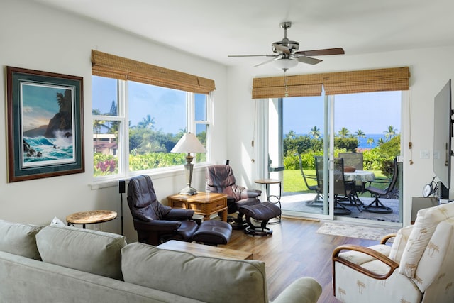 living area featuring ceiling fan and wood finished floors