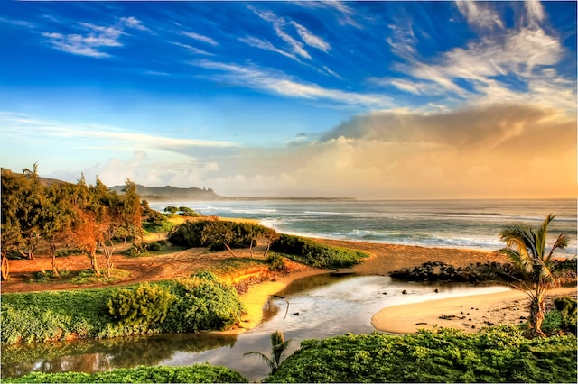 surrounding community featuring a water view and a view of the beach