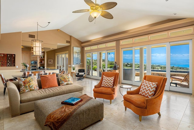 living room featuring ceiling fan, high vaulted ceiling, and visible vents