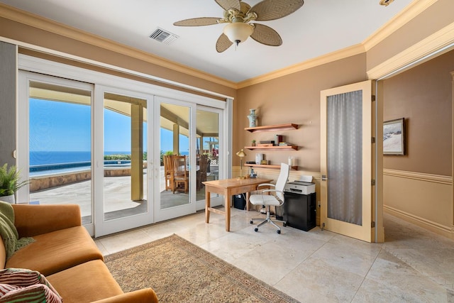 office featuring french doors, visible vents, crown molding, and ceiling fan