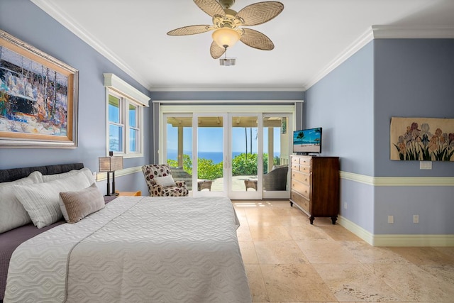 bedroom featuring visible vents, baseboards, ceiling fan, access to outside, and crown molding