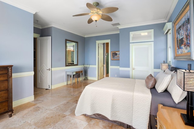 bedroom with connected bathroom, a ceiling fan, visible vents, baseboards, and ornamental molding