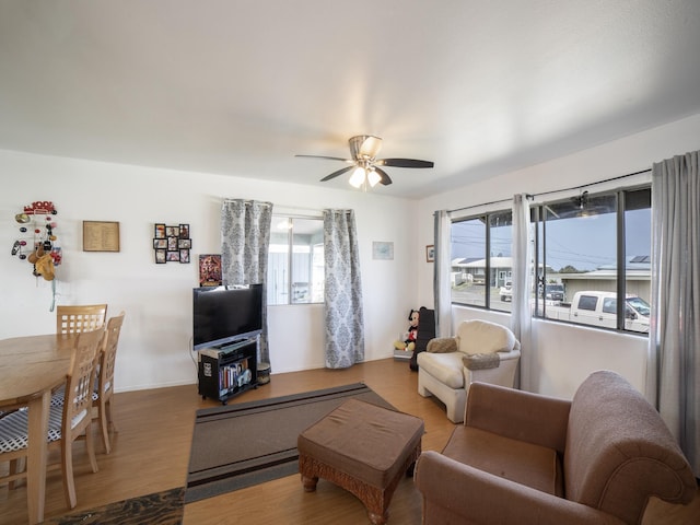 living area featuring a ceiling fan and wood finished floors