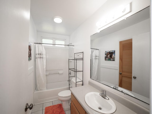 full bathroom with shower / bath combo, vanity, toilet, and tile patterned floors