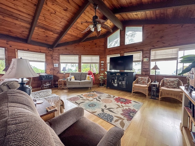 living room with light wood-style floors, beamed ceiling, and wooden walls