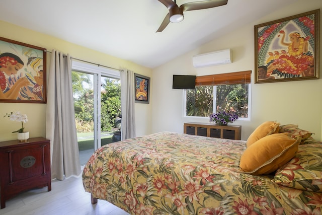 bedroom featuring access to exterior, vaulted ceiling, multiple windows, and an AC wall unit