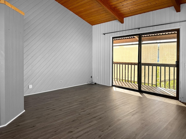 empty room featuring wood ceiling, dark hardwood / wood-style floors, and lofted ceiling with beams