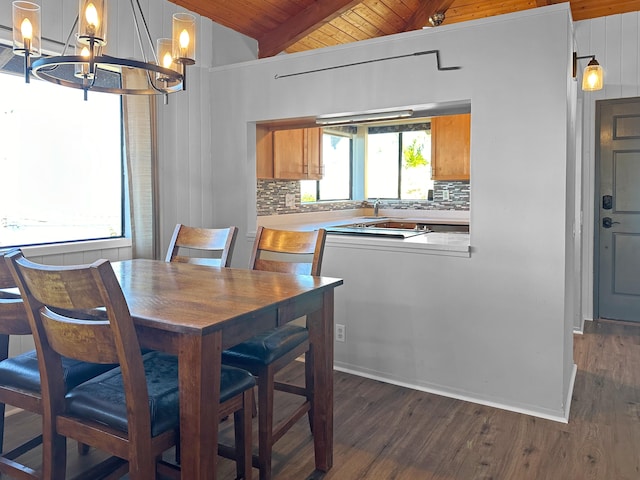 dining space featuring a notable chandelier, dark hardwood / wood-style floors, vaulted ceiling with beams, and wooden ceiling