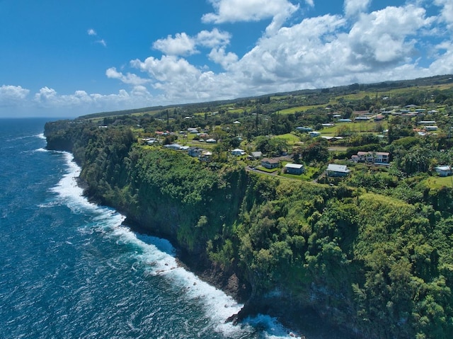 drone / aerial view featuring a wooded view and a water view