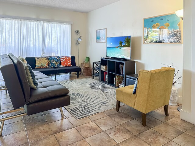 living room with a textured ceiling