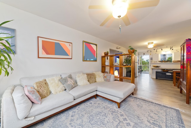 living room featuring ceiling fan, wood-type flooring, and rail lighting