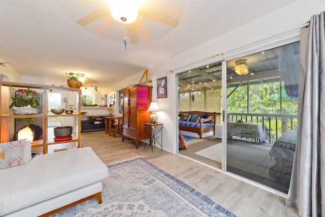 living room featuring hardwood / wood-style flooring and ceiling fan