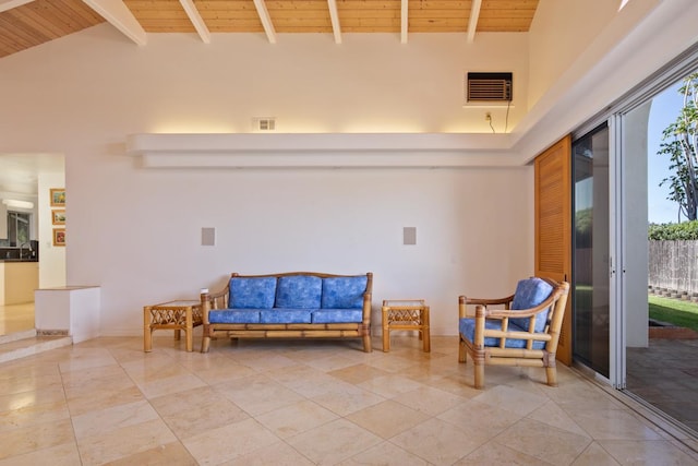 sitting room with high vaulted ceiling, sink, wooden ceiling, and beam ceiling