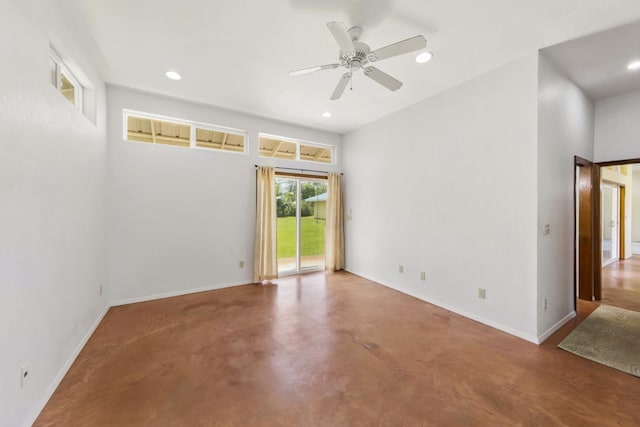 unfurnished room with recessed lighting, concrete flooring, and a ceiling fan