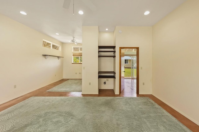 empty room featuring recessed lighting, baseboards, and a ceiling fan