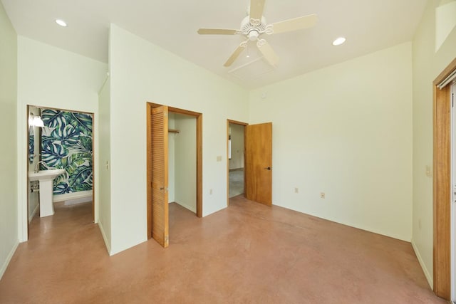 unfurnished bedroom featuring recessed lighting, finished concrete flooring, a closet, and ceiling fan