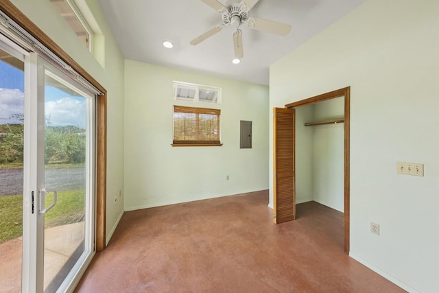 unfurnished bedroom featuring electric panel, recessed lighting, ceiling fan, a closet, and access to outside