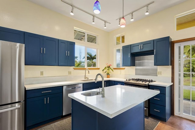 kitchen featuring stainless steel appliances, blue cabinets, and a sink