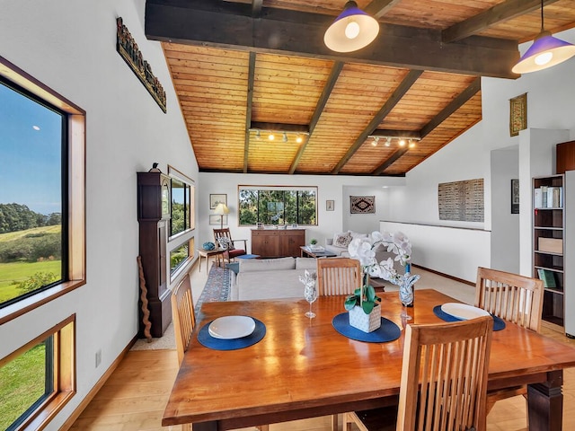 dining space with light wood finished floors, baseboards, wood ceiling, high vaulted ceiling, and beam ceiling