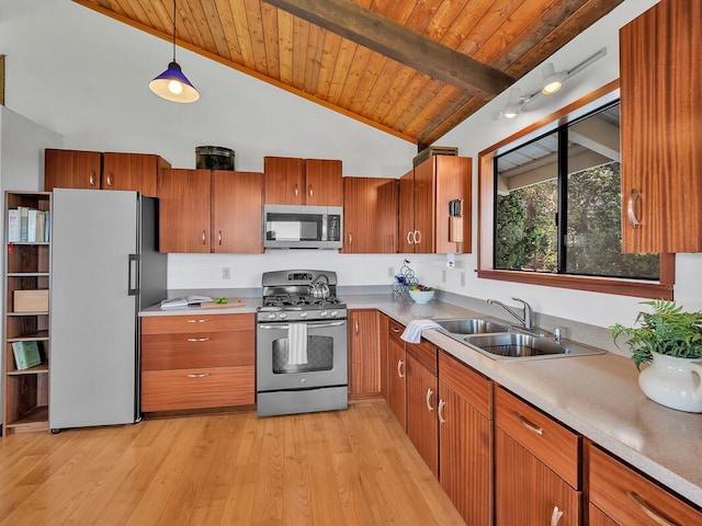 kitchen with light wood finished floors, lofted ceiling with beams, wooden ceiling, appliances with stainless steel finishes, and a sink