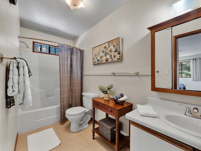 full bath featuring toilet, shower / tub combo, a textured ceiling, vanity, and tile patterned floors