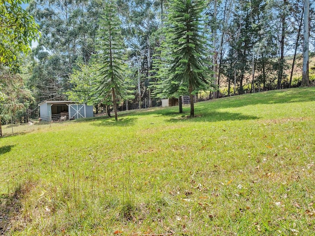 view of yard featuring fence, an outbuilding, and a detached carport