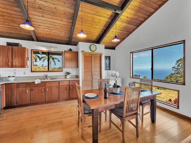 dining area featuring lofted ceiling with beams, light wood-style flooring, and wood ceiling