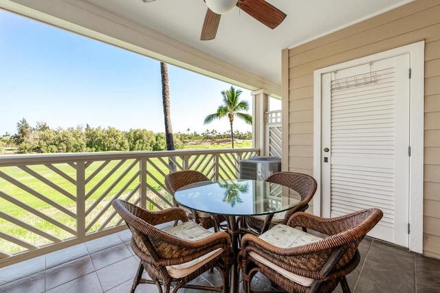 exterior space featuring ceiling fan, outdoor dining space, and central air condition unit