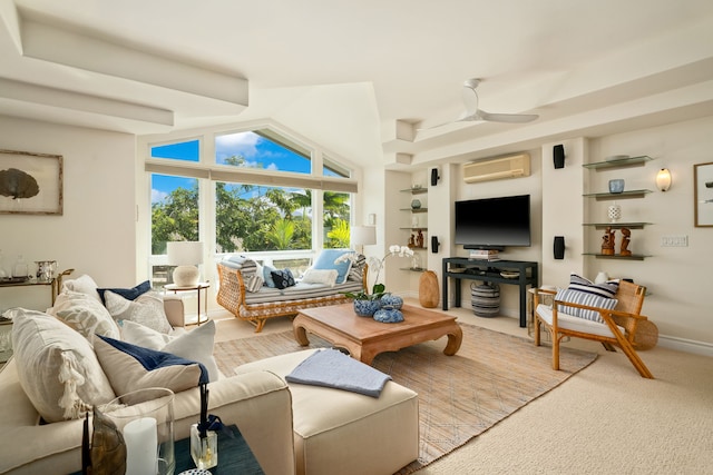 carpeted living room with ceiling fan, lofted ceiling, and a wall mounted AC