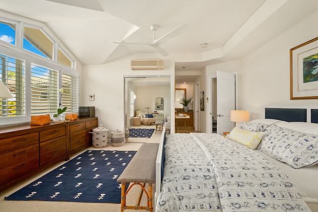 bedroom featuring lofted ceiling, a wall mounted AC, and ceiling fan