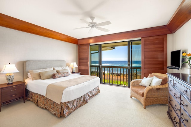 carpeted bedroom with access to exterior and ceiling fan