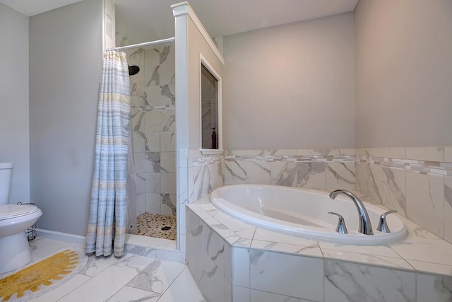 bathroom featuring toilet, baseboards, marble finish floor, a shower stall, and a bath