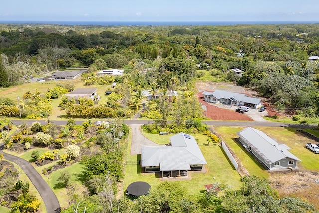 drone / aerial view with a wooded view