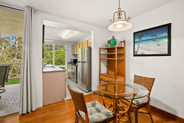 dining room with light hardwood / wood-style flooring, sink, and a textured ceiling