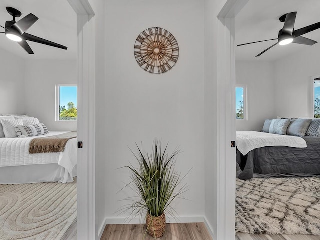 bedroom featuring light hardwood / wood-style floors and ceiling fan