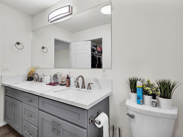 bathroom featuring vanity, hardwood / wood-style floors, and toilet